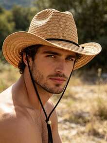 Men's Summer Straw Sun Hat Wide Brim Panama Straw Hat Beach Hat With Windproof Rope - Straw Hat - View 9