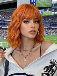 12-Inch Linen Brown Short Wavy Curly Wig, Heat-Resistant Synthetic Wig With Bangs, Suitable For Daily Wear, Parties And Cosplay - Orange - View 12