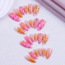 Elegant Wearable Nail Tips, Floral Pattern, Island Soft Style, 24-Piece Set, Almond Shape, Removable Manicure - 穿戴式美甲 - 查看 5