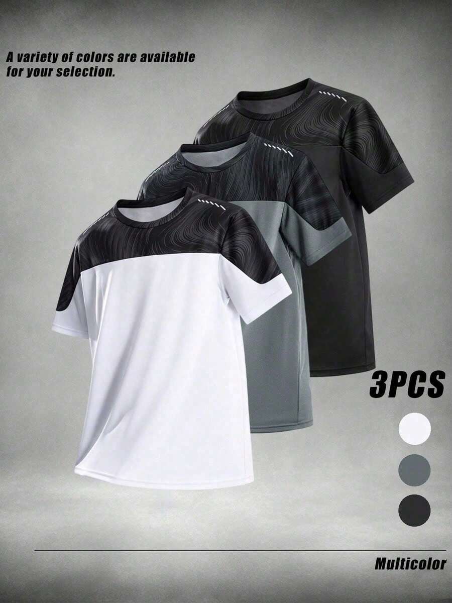 3pcs Abstract Wave Print Colorblock Short Sleeve Crew Neck Casual T-Shirts For Men, Suitable For Daily And Streetwear Styles Sports - Multicolor - View 1