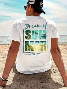 1 Pcs Minimalist Casual Men T-Shirt, 100% Cotton Light Knit Crew Neck Short Sleeve Graphic Print Dream Of SUMMER Tee, Summer Street Travel Airport Daily Outfit - White - View 1
