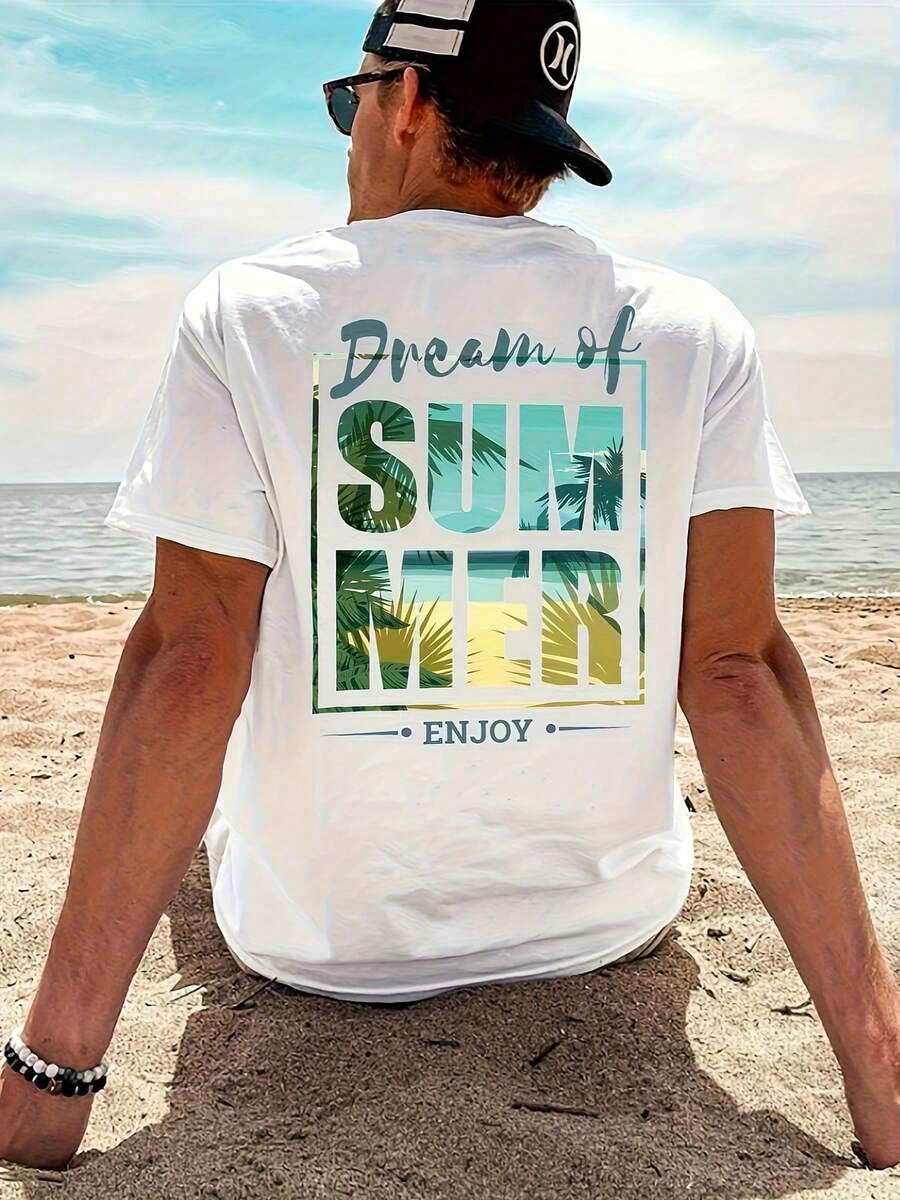 1 Pcs Minimalist Casual Men T-Shirt, 100% Cotton Light Knit Crew Neck Short Sleeve Graphic Print Dream Of SUMMER Tee, Summer Street Travel Airport Daily Outfit - White - View 1