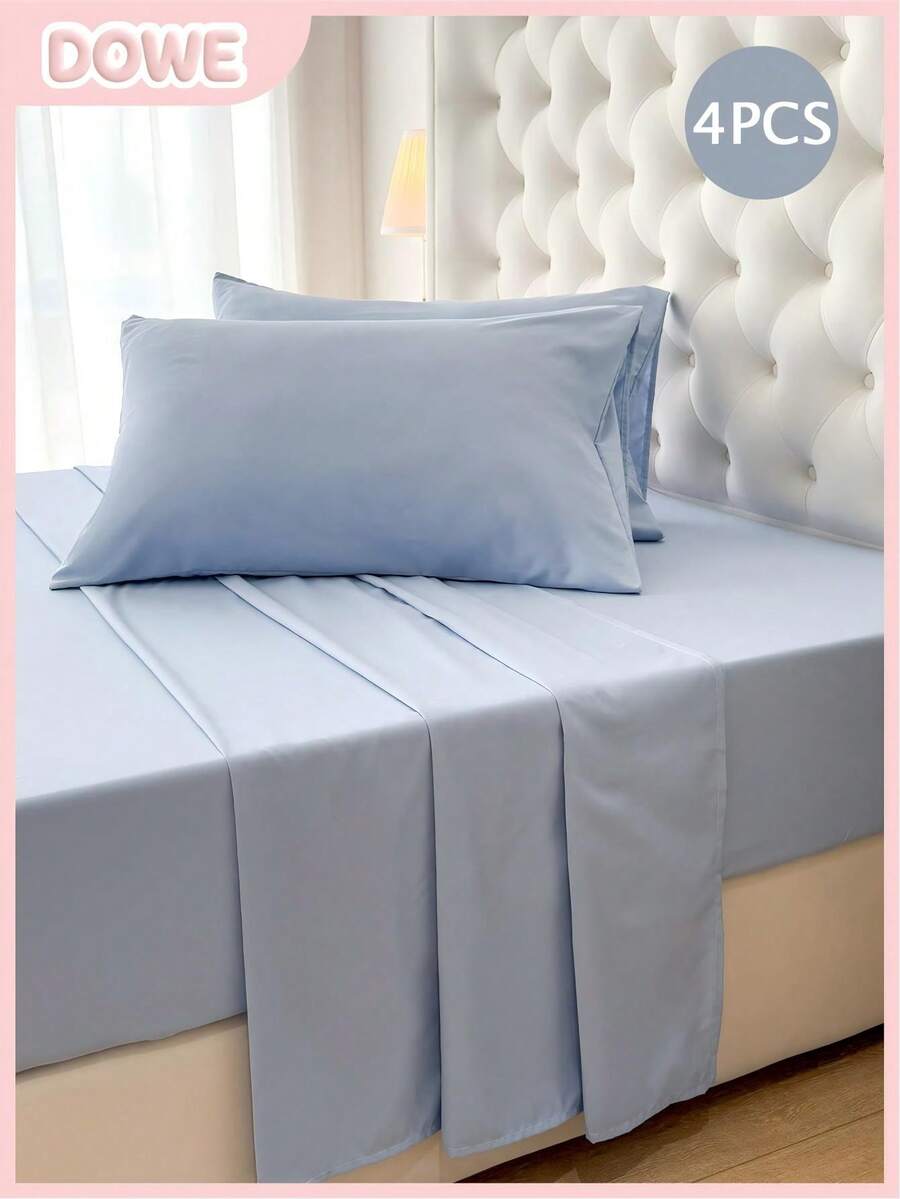 4pcs/Set, 100% Polyester, Solid Color, 35cm Deep Pocket Fitted Sheet, Bedding Set (2 Pillowcases + 1 Flat Sheet + 1 Fitted Sheet), All-Season Modern Bedding Set, Minimalist Style, Soft & Comfortable, Breathable - Dusty Blue - View 1