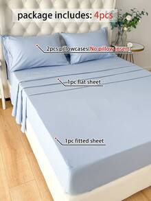 4pcs/Set, 100% Polyester, Solid Color, 35cm Deep Pocket Fitted Sheet, Bedding Set (2 Pillowcases + 1 Flat Sheet + 1 Fitted Sheet), All-Season Modern Bedding Set, Minimalist Style, Soft & Comfortable, Breathable - Dusty Blue - View 7