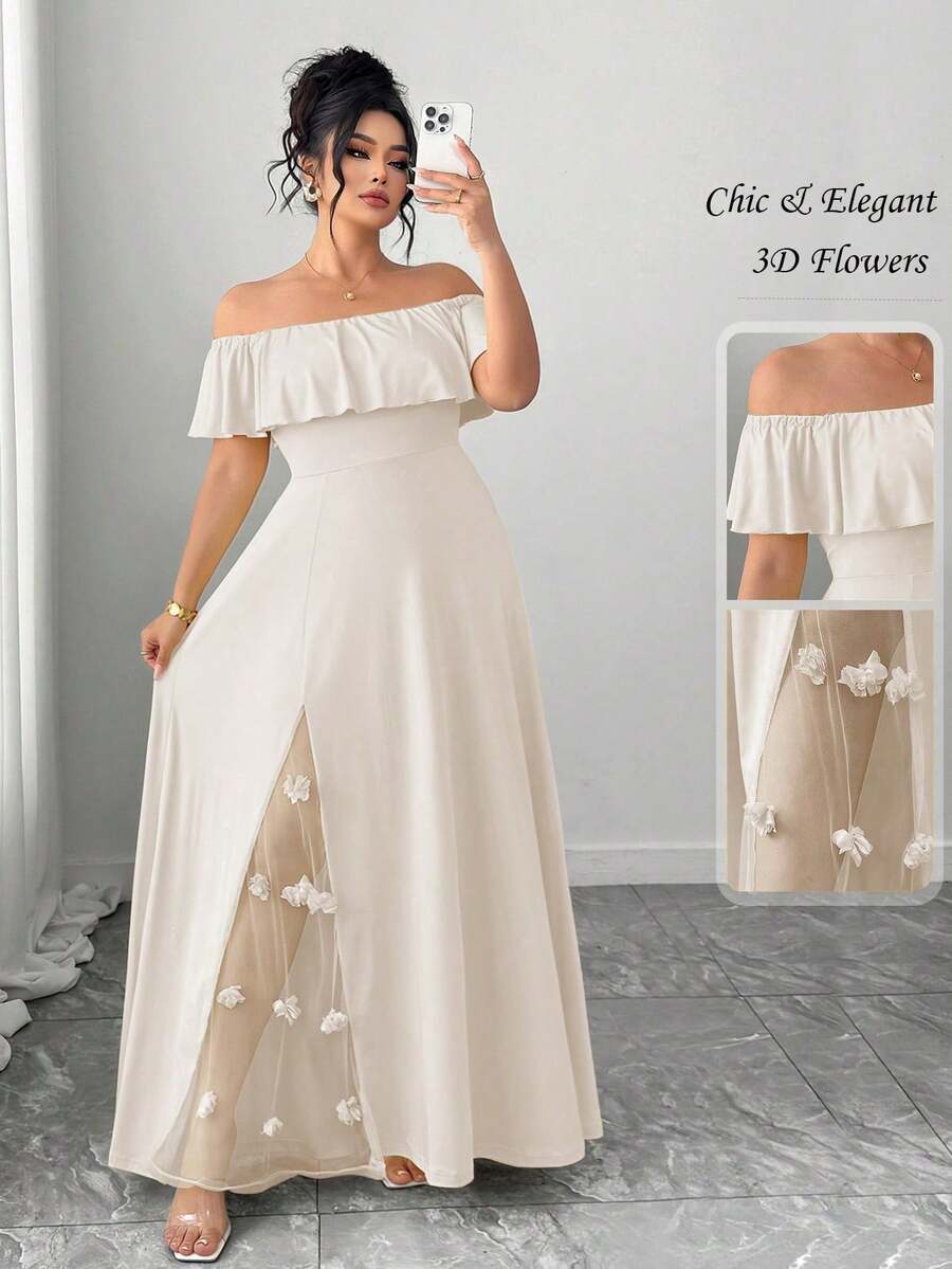 Vestido elegante y casual de talla grande con estilo francés, romántico y vintage, con hombros descubiertos, malla y parches florales, adecuado para primavera y verano - Albaricoque - Ver 1