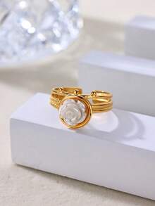 1 PC Geometric Faux Pearl Flower Open Rings For Women Stainless Steel Gold Color Adjustable Ring 2026 New Wedding Couple Jewelry Gift - Multicolor - View 4