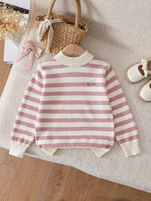 Tween Girl Round Neck Striped Long Sleeve Casual Sweater - Pink - View 1