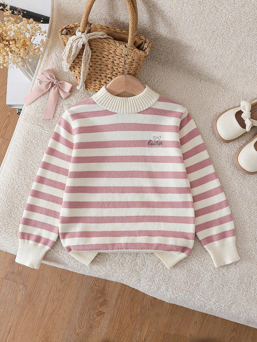 Tween Girl Round Neck Striped Long Sleeve Casual Sweater - Pink - View 1
