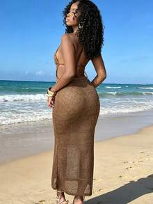 Vestido Midi Tirantes Finos de Malla con Lentejuelas y Estrellas de Mar Doradas, para Playa y Fiestas Nocturnas - Marrón Mocha - Ver 3