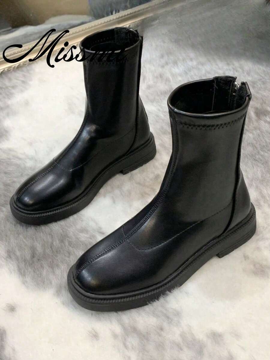 Stivali con suola morbida per donna, autunno/inverno, nuovi stivali in rete per primavera e autunno 2024, stivali slim a tubo corto, stivali piatti retrò - nero - Visualizzare 1