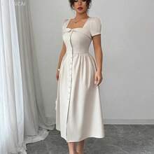 yonghongmaoyi1  Vestido de manga larga de primavera/verano con corte evasé, abertura en la falda, botones y cuello sin cuello con volantes, elegante para el trabajo - Granada - Ver 8
