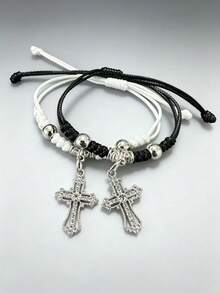 2pcs Fashionable Luxury Cross Rhinestone Sparkling Bracelet For Men And Women, Couple Bracelet - Silver - View 1