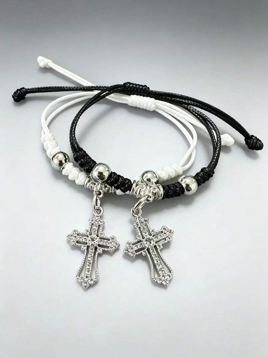 2pcs Fashionable Luxury Cross Rhinestone Sparkling Bracelet For Men And Women, Couple Bracelet - Silver - View 1