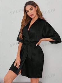 Bata de baño de manga corta de unicolor para mujer, adecuada para primavera y verano, hogar, hotel, fiesta, traje de baño, vestido corto/camisón de temporada de bodas, se puede usar como bata de mañana, camisón, atuendo de preparación para la fiesta de novia, accesorio para la ceremonia de boda y el banquete, suministros para fiestas de vacaciones - Negro - Ver 1