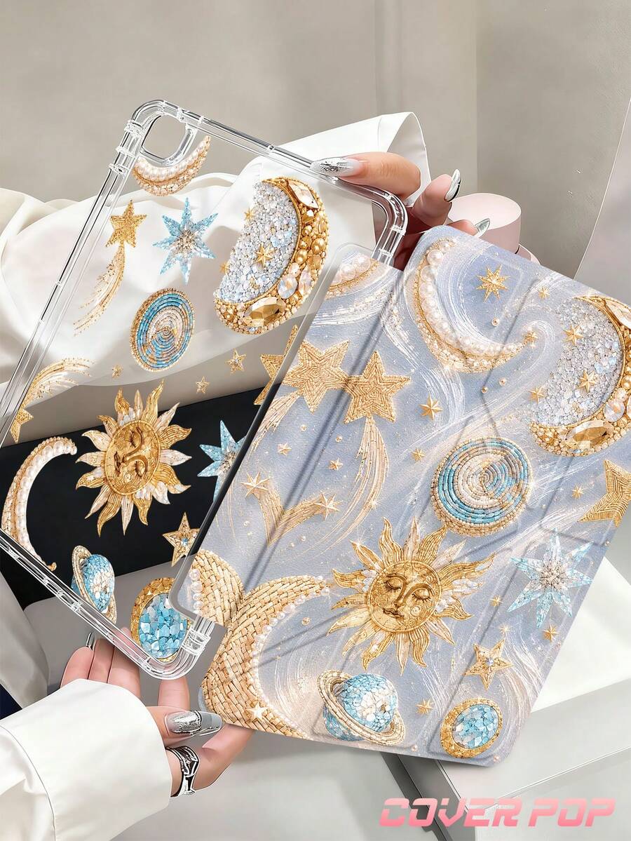 Sun Moon Pattern Tablet Protective Case Compatible With IPad Air 8 (M4) 2026 (11 Inch) / 2026 (13 Inch), 9.7/10.2/10.5/10.9/12.9/Pro 11/A16, 10th Generation, Kindle Paperwhite 12th Generation 2024, Kindle (11th Generation - 2024 Release), Soft Shockproof, Smart Sleep/Wake Function, Y-Fold Tablet Protective Case, Multi-Angle Viewing.