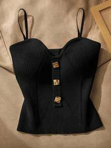 Camiseta de punto elegante con decoración metálica de unicolor para mujer - Negro - Ver 1