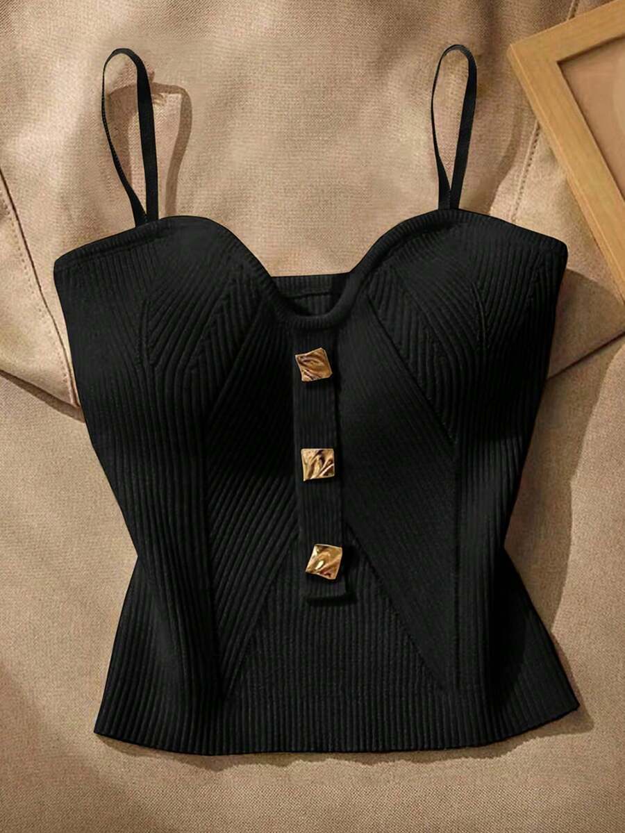 Camiseta de punto elegante con decoración metálica de unicolor para mujer - Negro - Ver 1