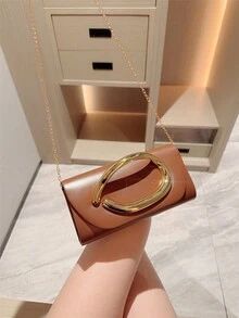 1pc European And American Fashion Metal Decor Mini Box Clutch, Premium Shiny Metal Strip Handle Women's Handbag, Elegant Luxury Evening Bag For Formal Dress, Design Leather Party Bag/Romantic Wedding Clutch/Prom Bag/Cocktail Bag, Suitable For School Prom, With Metal Chain - Coffee - View 7