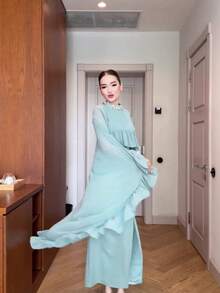 Old Money Taupe Capelet Maxi Dress, Crystal Neck Chiffon Cape Overlay Mermaid Gown With Side Slit For Formal Events & Modest Wear - Verde Niebla - Ver 3
