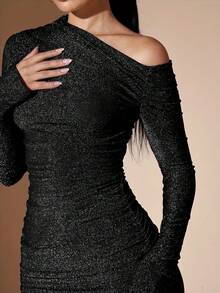 Shiny One-Shoulder Long-Sleeved Fitted Spring Party Dress - Black - View 1