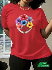 Women's Casual Holiday Shirt With  Anime And Letter Print, Women's Round Neck T-Shirt With Simple Design, Comfortable And Breathable, Versatile For Daily Wear, Suitable For Sports And Leisure, Refreshing For Summer, A Must-Have For Parties, Local Shipping, Plus Size T-Shirt With Floral And Pearl Print, Ideal For Outings, Streetwear And Daily Wear. - 黑色 - 查看 8