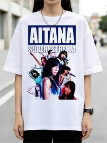 Tricou retro Superestrella Multi-Pose inspirat din bootleg, din bumbac, albastru visător, estetică streetwear, ținută zilnică pentru femei - alb - Vizualizare 1