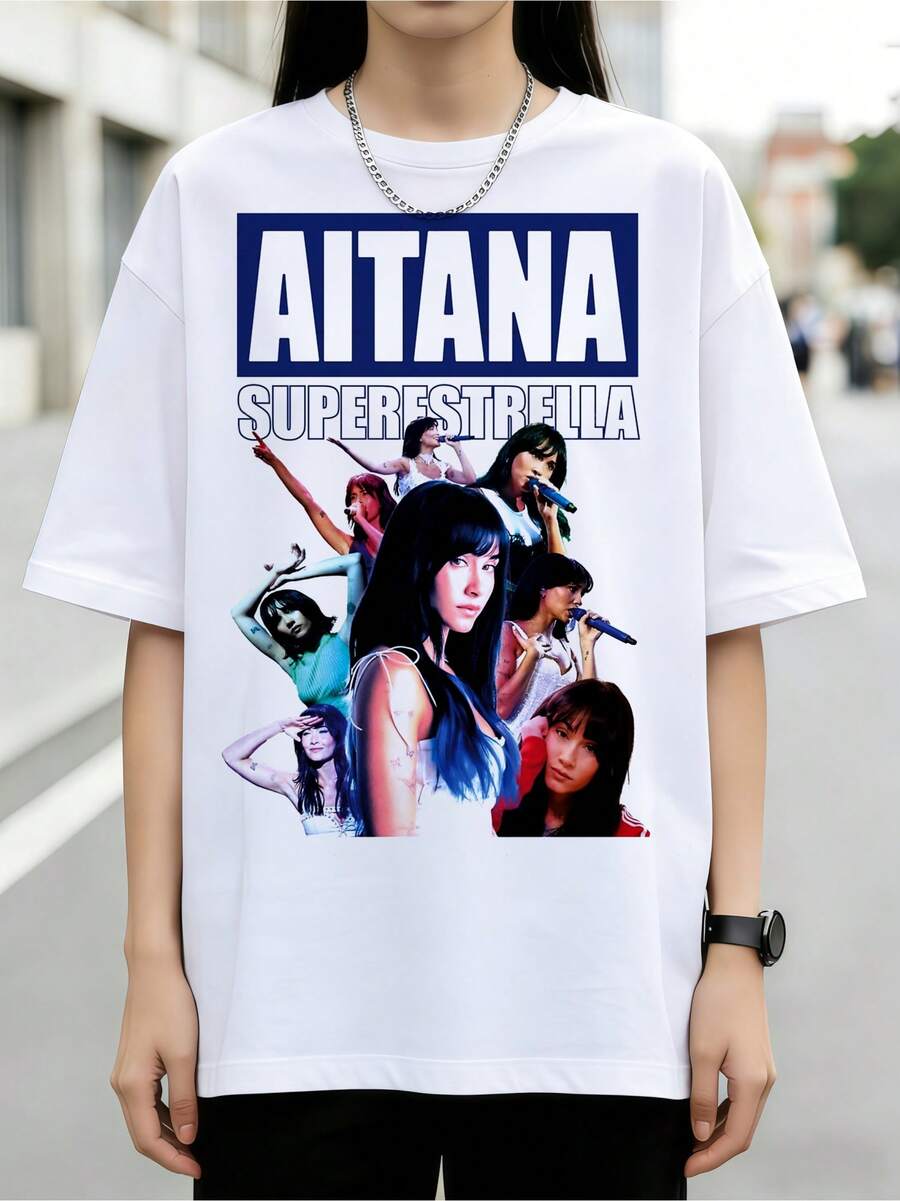 Tricou retro Superestrella Multi-Pose inspirat din bootleg, din bumbac, albastru visător, estetică streetwear, ținută zilnică pentru femei - alb - Vizualizare 1