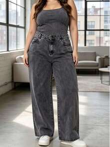 Women's Plus Size Wide Leg Jeans, High Waist, Comfortable Palazzo Pants - garafite - 查看 2
