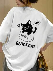 Women's Y2K-Inspired Short-Sleeve T-Shirt - Loose Fit, Cute Black Cat Print, Crew Neck, Casual Spring/Summer/Autumn T-Shirt, Fall Casual Wear | Y2K Fashion | Quality - 白色 - 查看 1
