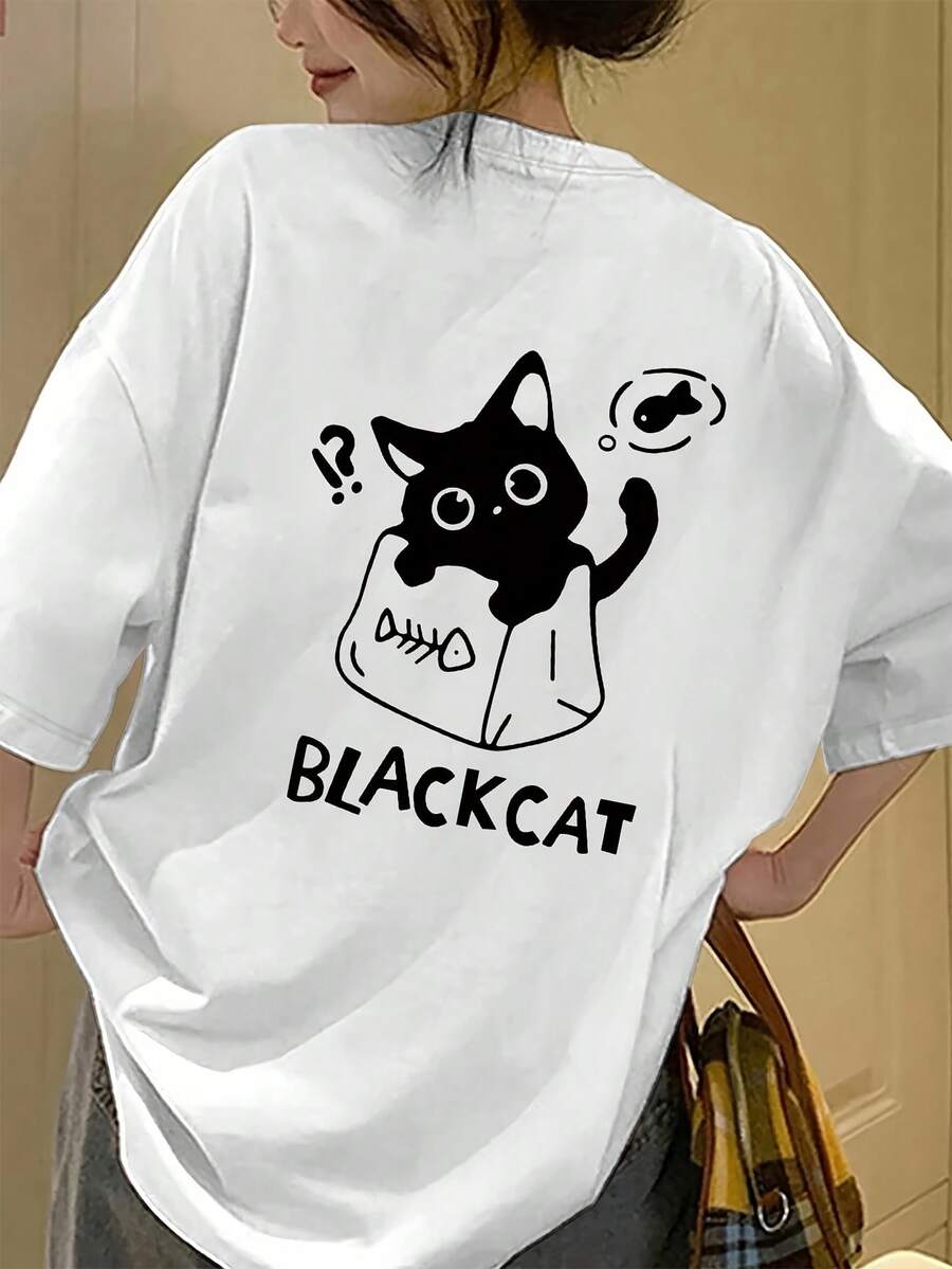 Women's Y2K-Inspired Short-Sleeve T-Shirt - Loose Fit, Cute Black Cat Print, Crew Neck, Casual Spring/Summer/Autumn T-Shirt, Fall Casual Wear | Y2K Fashion | Quality - 白色 - 查看 1