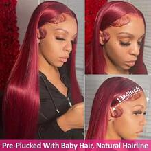 28 Inch 13x4 Transparent 99J Burgundy Straight Lace Front Wigs 200 Density Brazilian Pre Plucked Hairline With Baby Hair Elastic Band Can Be Middle Part Left/ Right Side Part And Free Part Available Red Wine For Women - S99J - 查看 3