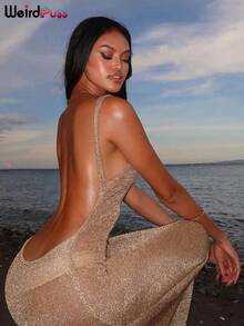 Vestido transparente con diseño de gato extraño para mujer, vestido fino sin mangas con purpurina y abertura, ropa para discoteca con espalda descubierta, Vestidos sexys para playa 2024 - Pago - Ver 5