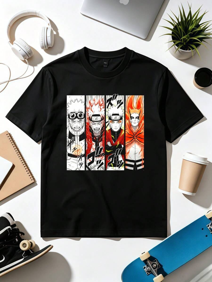Uzumaki Evolution Panel Anime T-Shirt. Soft Fabric, Loose-Fitting, Everyday Casual T-Shirt. - Black - View 1