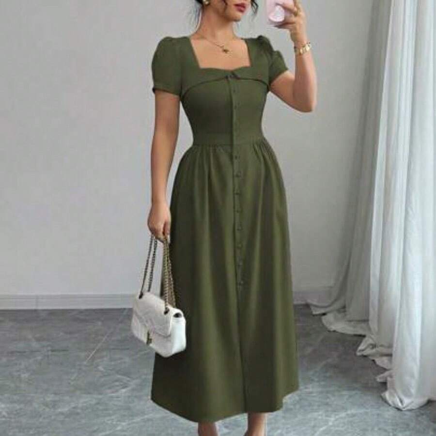 jianchaimaoyi02 Vestido de manga larga de primavera/verano con corte evasé, abertura en la falda, botones y cuello sin cuello con volantes, elegante para el trabajo - Verde militar - Ver 1