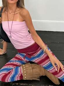 Women Lounge Pants Retro Fold Over Low Rise 2000s Colourful Stripe Stretch Flared Yoga Legging Bottoms Sweatpants (Not Cotton) - Màu Hồng Tươi - Xem 3