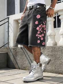 1pc Justice Brother Korean Style Embroidered Black Denim Casual Loose Shorts For Men (Belt And Accessories Not Included) - Black - View 6
