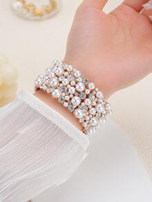 1pc Women/Girls Fashion Unique Faux Pearl Full Rhinestone Elastic Watch Band, Compatible With Apple Watch Series 11 10 9 8 7 6 5 4 3 2 1 And Ultra 1/2/3 SE Series (Applicable Sizes: 38mm 40mm 41mm 42mm 44mm 45mm 46mm 49mm). Exquisite Wristband Replacement Accessory, Perfect Gift For Girlfriend, Friends And Family, Suitable For Valentine's Day, Birthday And Mother's Day (Band Only). - Gold - View 8
