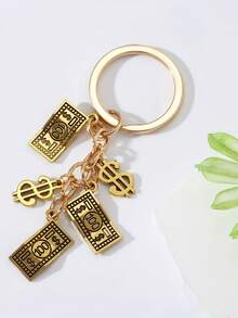 [1 pieza] Llavero con temática de dinero en tono dorado, con dijes de billete de 100 dólares y signo de dólar, colgante divertido para bolso para amantes de la riqueza - Multicolor - Ver 2