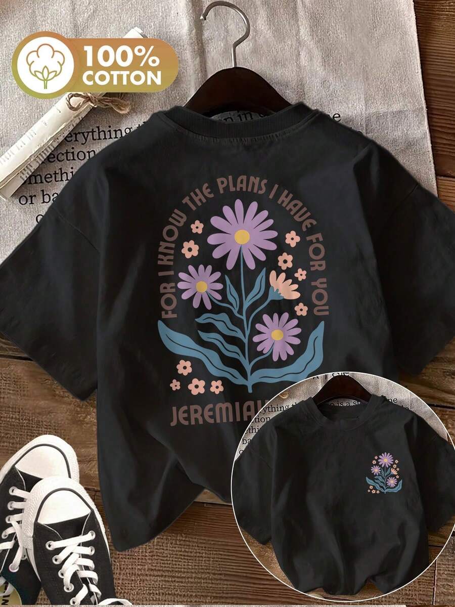 Minimalist. 100% Cotton. 1 Piece [Double-Sided Print]Women's Pure Cotton T-Shirt. Fresh And Simple Floral And Slogan Print. "I Know The Plans Jeremiah" Print. Casual, Crew Neck, Short Sleeve, Spring/Summer Top [Yang K]. Spring/Summer Top. - 黑色 - 查看 1