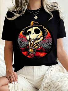 Disney Women Round Neck T Shirt Jack Skellington Halloween Print Casual Loose Fit Top For Autumn Winter 220g - 黑色 - 查看 1
