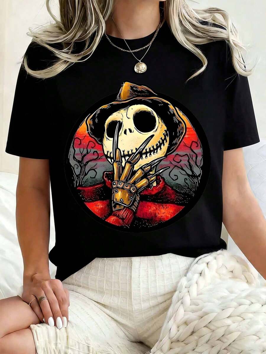 Disney Women Round Neck T Shirt Jack Skellington Halloween Print Casual Loose Fit Top For Autumn Winter 220g - 黑色 - 查看 1
