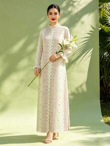 Women's Stand Collar Geometric Print Casual Party Arabian Dress - White - View 4