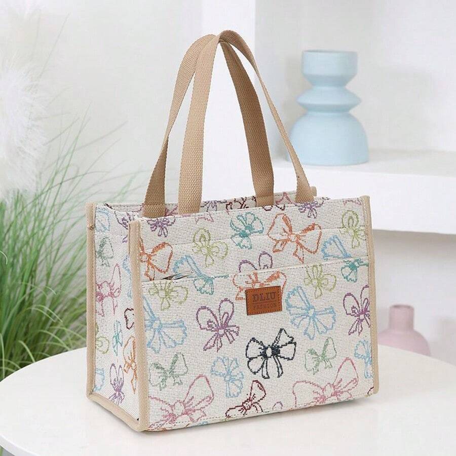New Thickened Jacquard Knit Fabric Tote Bag, Large Capacity Portable Work/School/Picnic Lunch Bag, Aluminum Foil Lining, Front Zipper Pocket, Lunch Bag, Handbag - Khaki - View 1