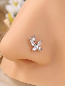 1PC Double Butterfly Nose Stud Bendable Pin Zirconia L Shape Nose Ring Dainty Piercing Jewelry For Women - L205 - View 2