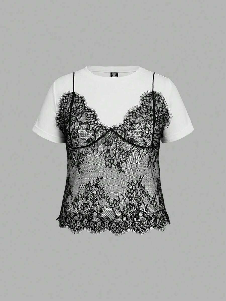Plus Size 2-In-1 Short-Sleeved Cropped Top With Round Neck And Contrasting Lace Trim, Perfect For Summer - 黑白 - 查看 1