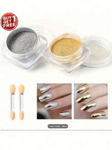 Bright Gold & Silver Nail Powder, Metallic Mirror Effect, Luxury Platinum Aurora Glitter, Sequins, Suitable For Nail Salon DIY Nail Decoration, High Gloss Transparent Sparkling Nail Enhancement, Holiday Use, Comes With 2 Application Tools (0.5g/Bottle) - Multicolor - View 2