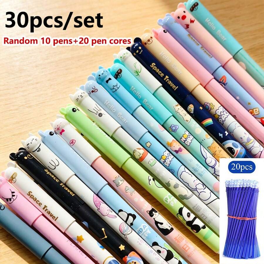 30pcs Panda Cat Erasable Pen Set, Hot Erasable Pen, 0.5mm Blue Ink, Multiple Styles, Suitable For Learning, Office, Party, Gift, - Multicolor - View 1