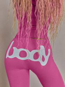 Y2K Hooded Zip-Up Crop Top & High Waist Leggings 2-Piece Set, Grey Form-Fitting Loungewear Outfit With Pink Letter Print - Rosa Fucsia - Ver 4