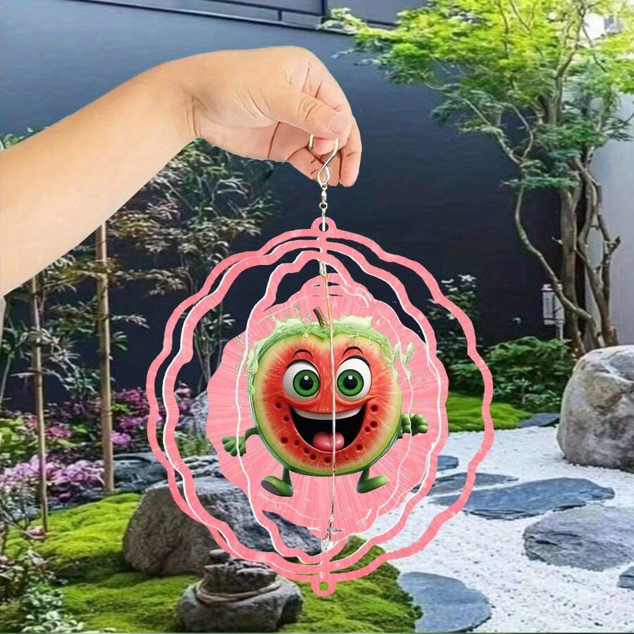 1件精美卡通西瓜金屬3D旋轉風鈴，附360°旋轉掛鉤，營造強烈動態藝術效果，適合裝飾庭院、陽台和草坪，獨特設計是送給親友、教師的理想禮物，適合感恩節、聖誕節、萬聖節和喬遷之喜，萬聖節裝飾 (9.84in*9.84in)