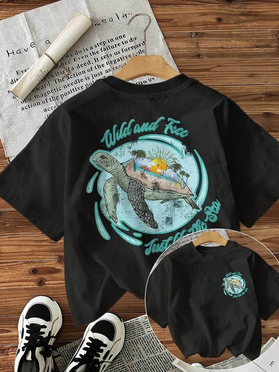 Minimalist. 100% Cotton. 1 Piece. [Double-Sided Printing][Directional]Casual Short-Sleeved T-Shirt With Turtle And Slogan Print, Wild And Free Style. Spring/Summer Top. - 黑色 - 查看 1